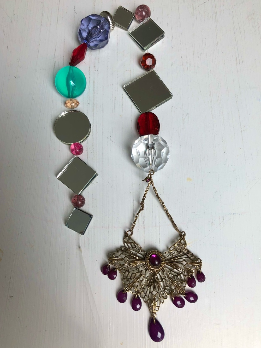 Vintage Necklace Elaborate Charm Beaded Mirror Suncatcher